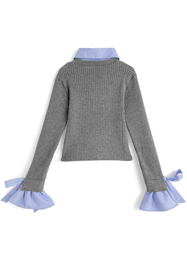 襟2Wayリボンスリーブシャツレイヤード風ニットカーディガン