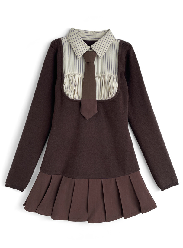 ネクタイ付きシャツドッキングニットミニワンピース