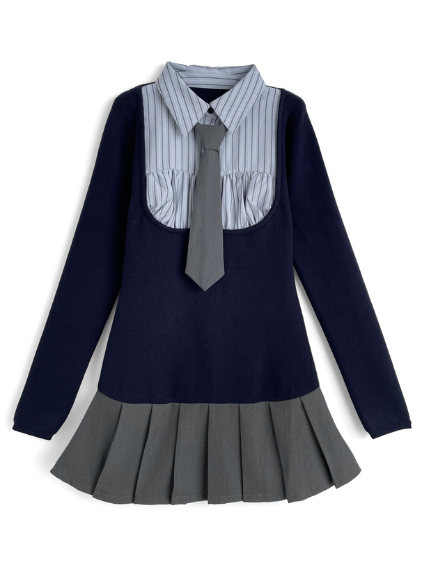 ネクタイ付きシャツドッキングニットミニワンピース