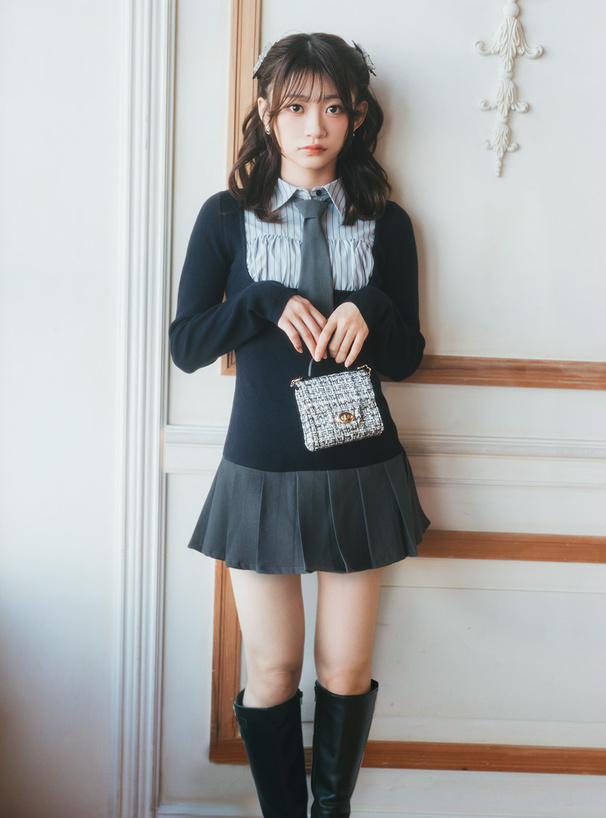 ネクタイ付きシャツドッキングニットミニワンピース