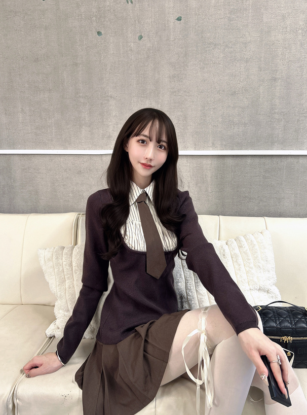 ネクタイ付きシャツドッキングニットミニワンピース