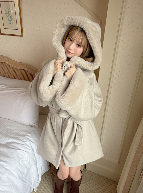 リボンベルト付きファーフードミドルコート[k9401i] | レディース