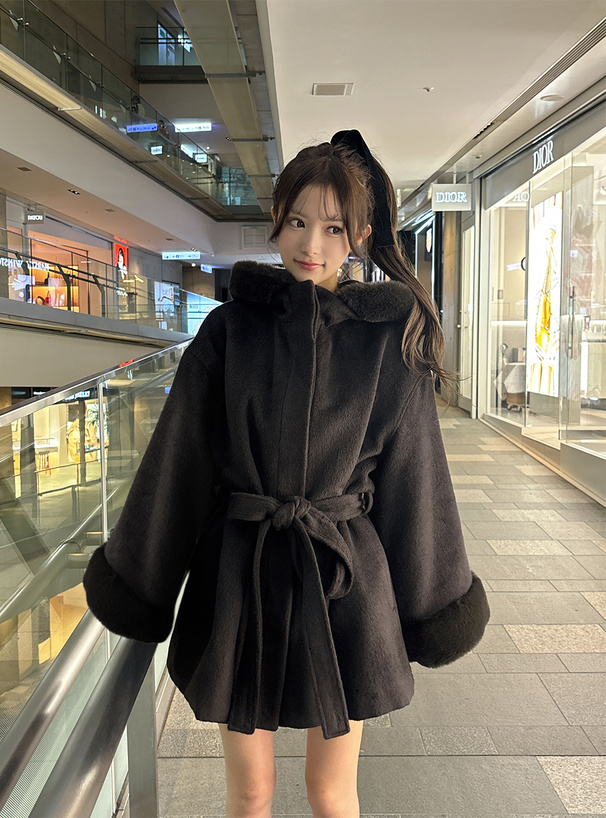 リボンベルト付きファーフードミドルコート[k9401i] | レディース