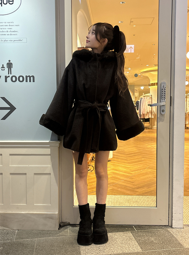 リボンベルト付きファーフードミドルコート[k9401i] | レディース