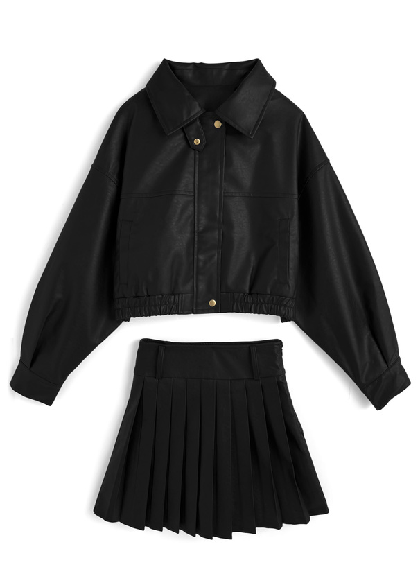 襟2Wayジャケット×プリーツミニスカートレザーセットアップ[kd124