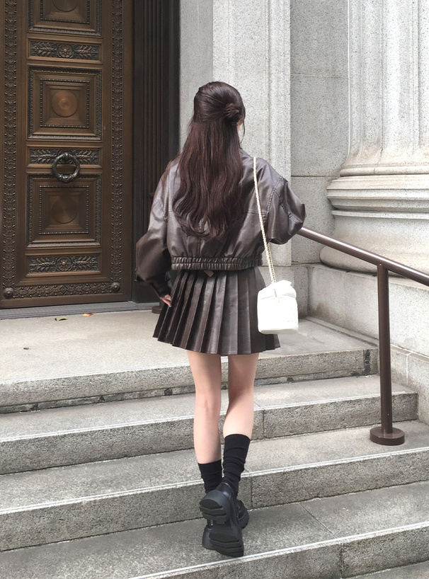 襟2Wayジャケット×プリーツミニスカートレザーセットアップ[kd124