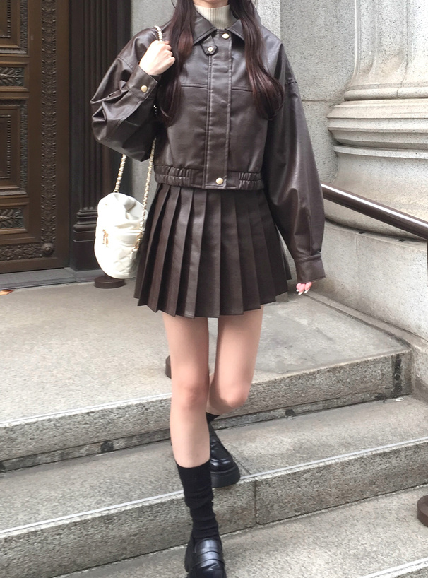 襟2Wayジャケット×プリーツミニスカートレザーセットアップ[kd124