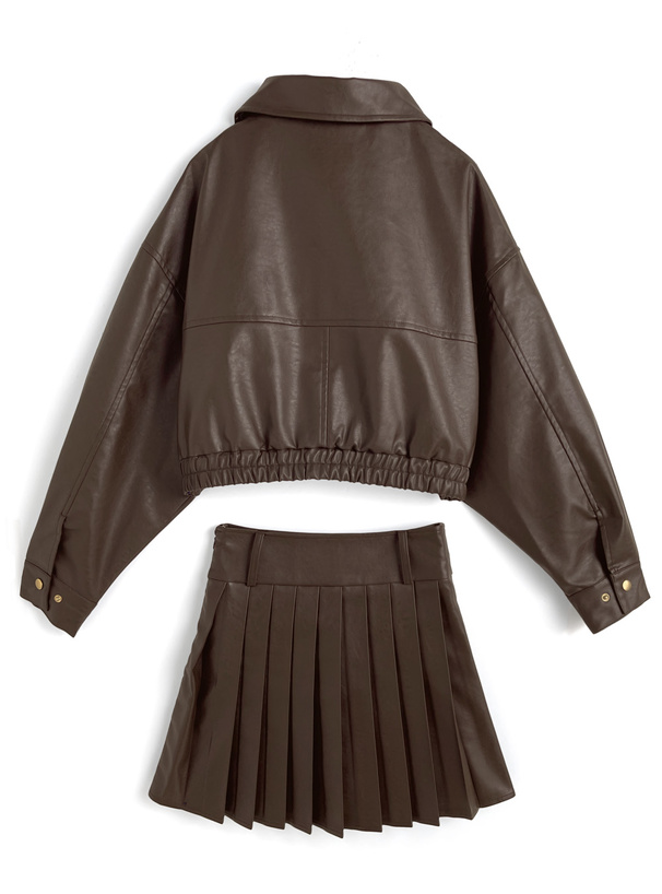襟2Wayジャケット×プリーツミニスカートレザーセットアップ[kd124