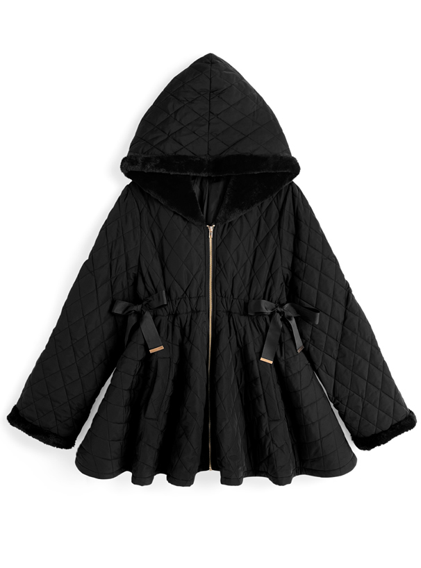 ファーフードサイドリボンキルティングラインコート[kd128]