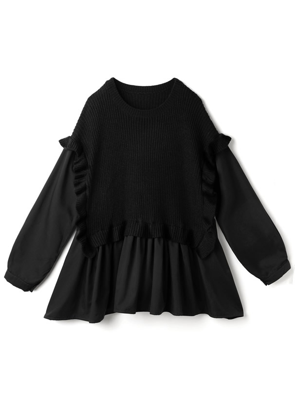 ラッフルニットベストドッキングシャツワンピース