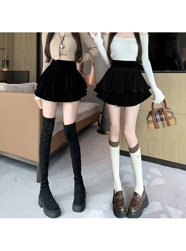 インパン裏地付きティアードフリルベロアミニスカート[ks009