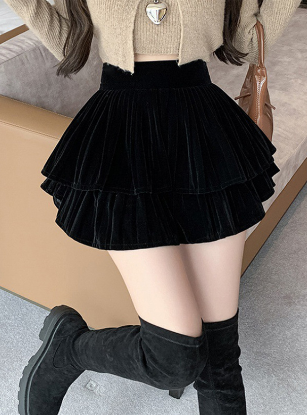 インパン裏地付きティアードフリルベロアミニスカート[ks009