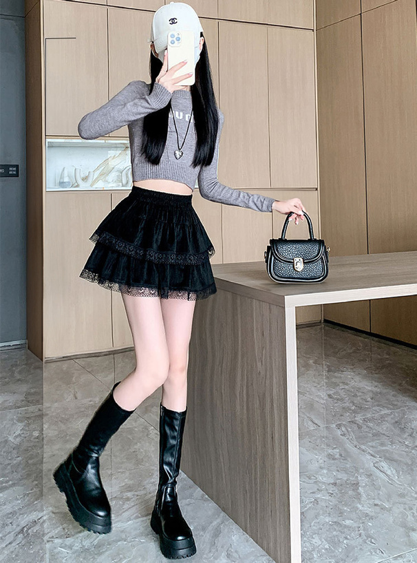 インパン裏地付きフリルレースティアードミニスカート