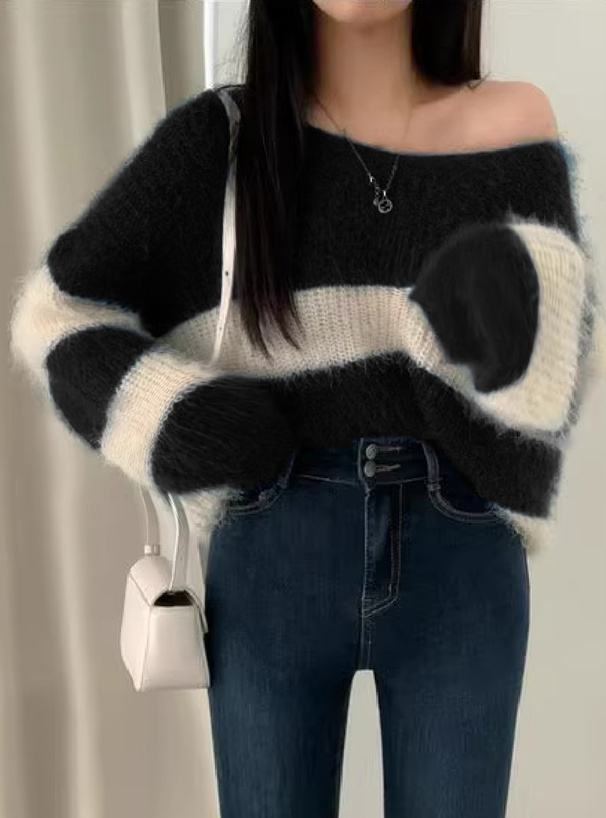 前後2wayボーダー柄シャギーニットトップス