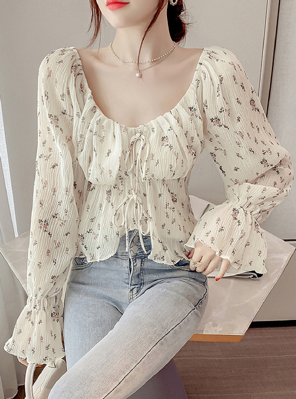 花柄シアーリボンシャーリングブラウス