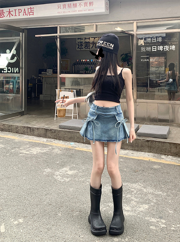 インパン・ベルト付きリボンデニムミニスカート