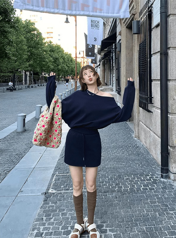 ワンショルダートップス×ミニスカートセットアップ