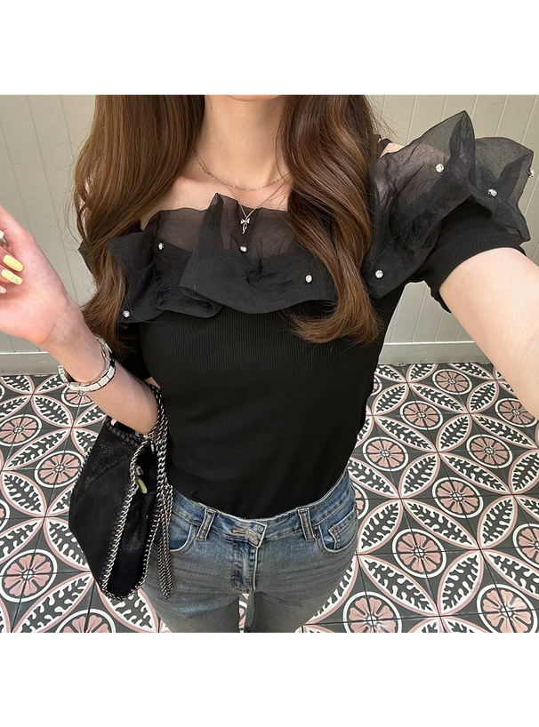 ビジューオーガンジーフリルオフショルダーリブトップス