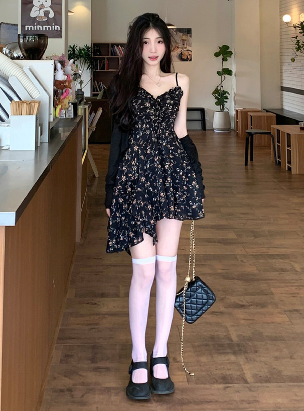 レースアップ花柄アシメキャミミニワンピース