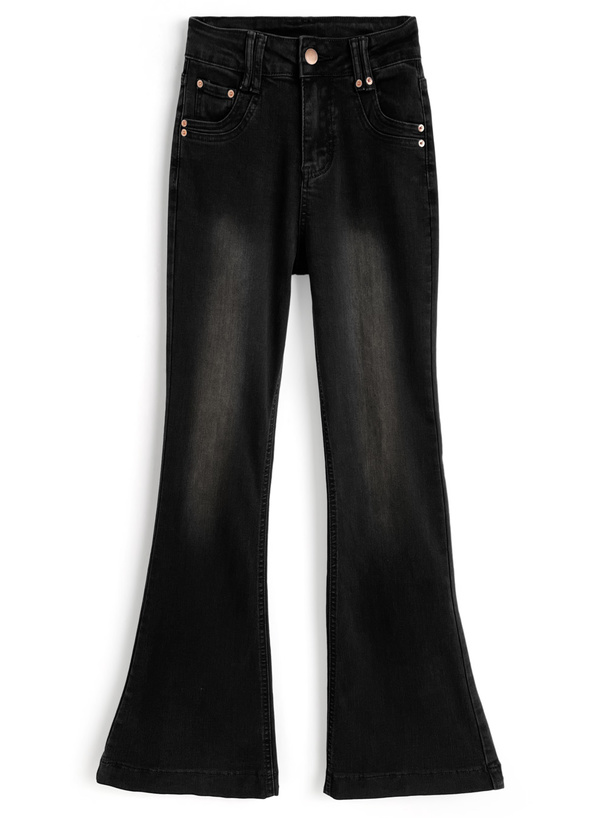 ハイウエストブリーチ加工フレアデニムパンツ