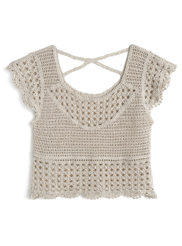 透かし編みクロシェニットトップス