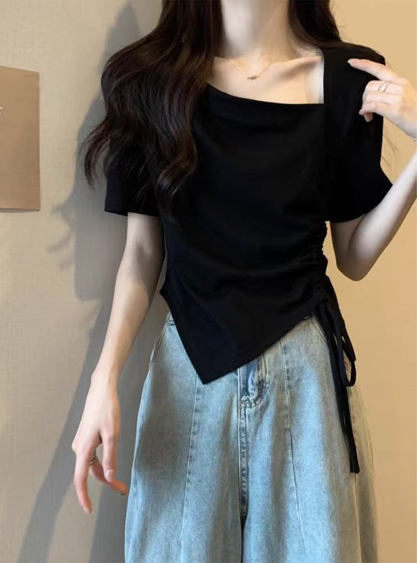 アシンメトリーネックドロストトップス