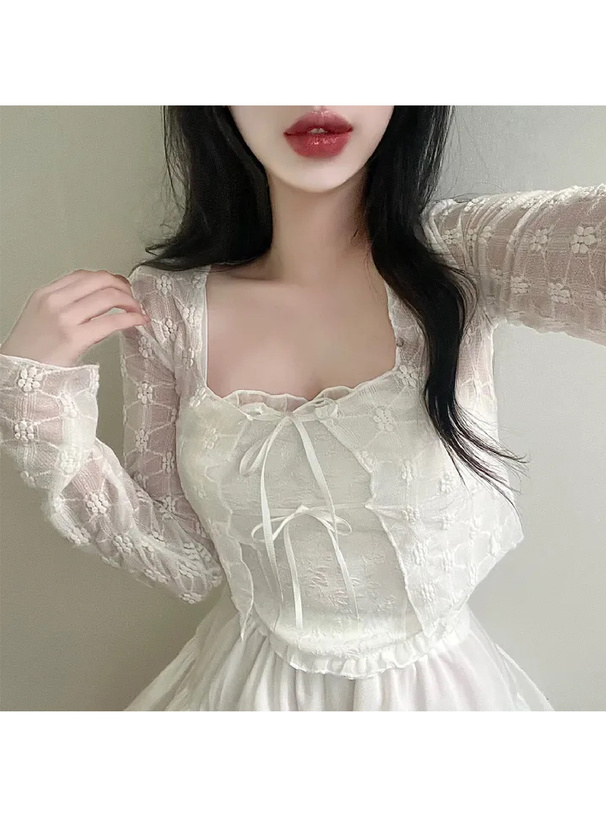 花柄シアーリボンクロップド丈カーディガン