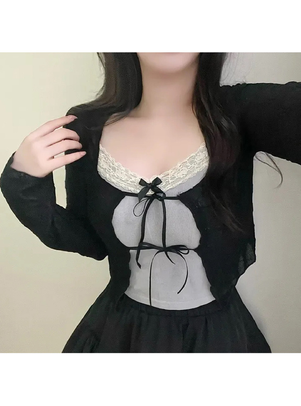 花柄シアーリボンクロップド丈カーディガン