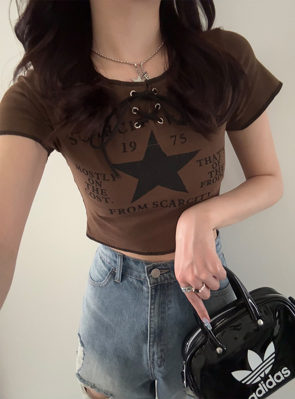 レースアップロゴプリントTシャツ