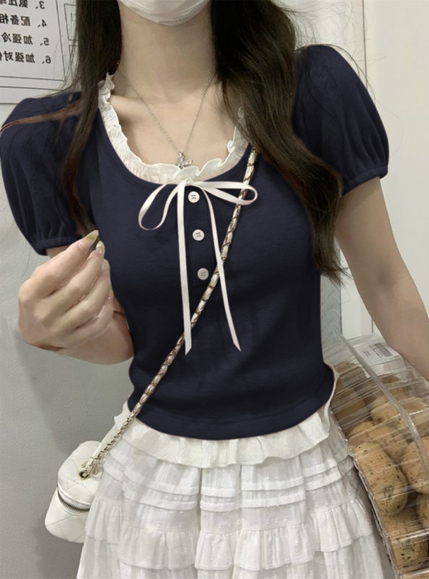 フリルパフスリーブリボントップス