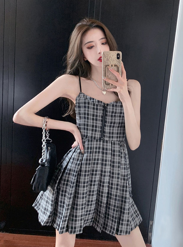 チェック柄キャミソールジップミニワンピース