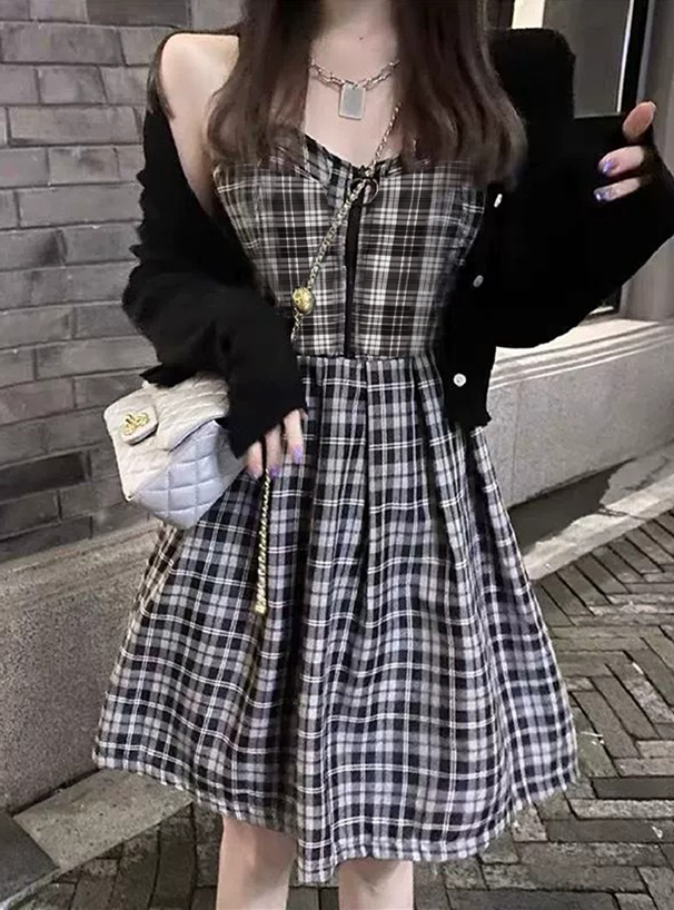チェック柄キャミソールジップミニワンピース