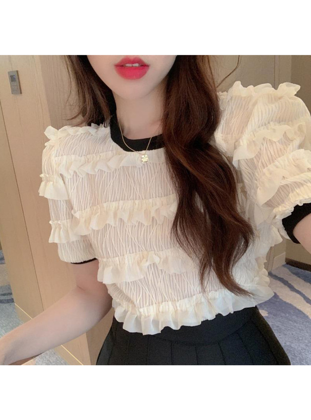 フリルティアード配色リブトップス