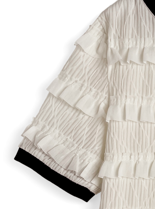 フリルティアード配色リブトップス