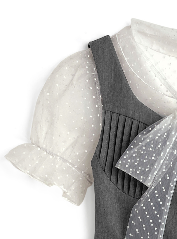 ドット柄チュールボウタイブラウス×フリルビスチェ×レースミニスカートセットアップ