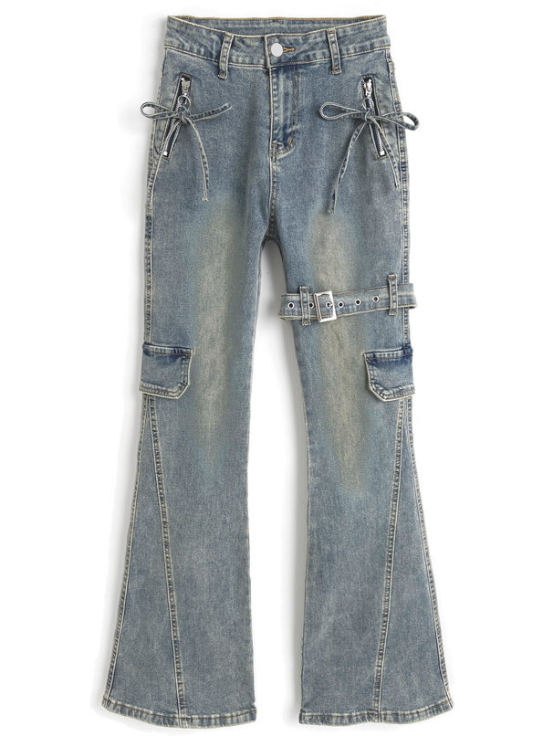 サイドベルトリボンフレアデニムパンツ[ks131]