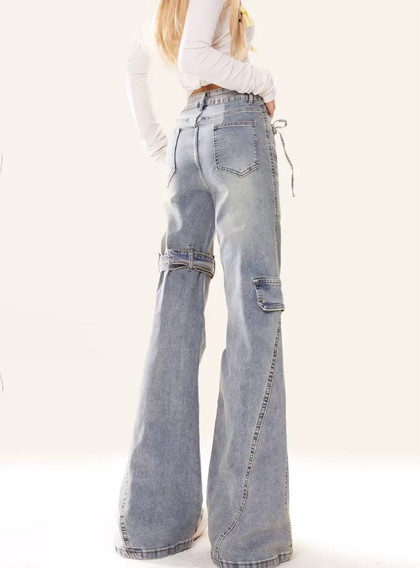 サイドベルトリボンフレアデニムパンツ