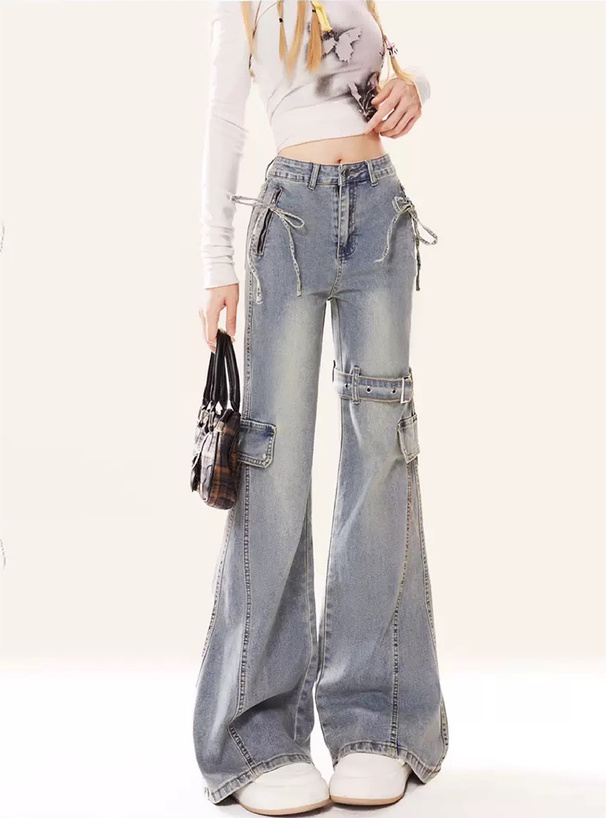 サイドベルトリボンフレアデニムパンツ