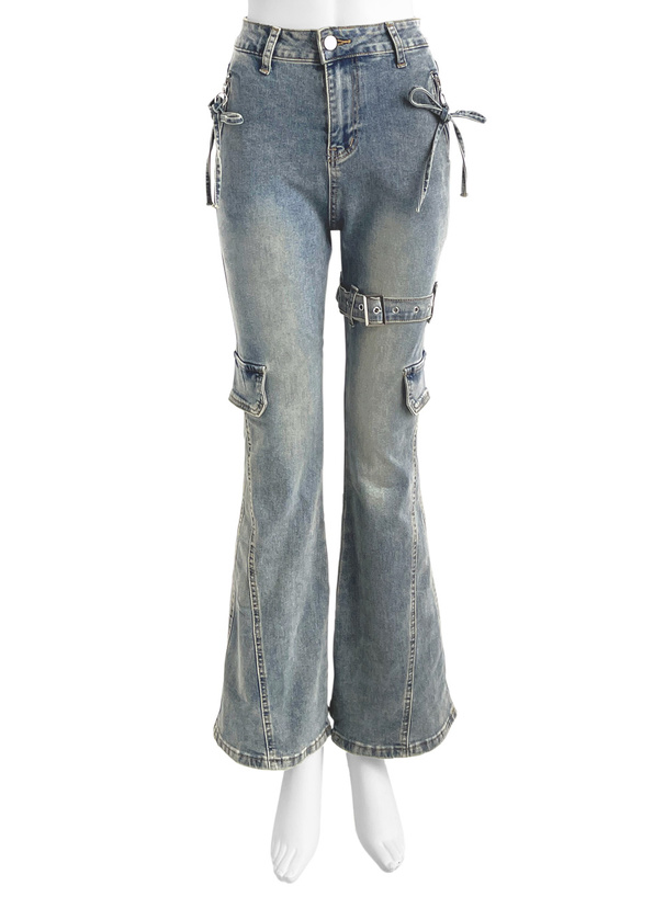 サイドベルトリボンフレアデニムパンツ