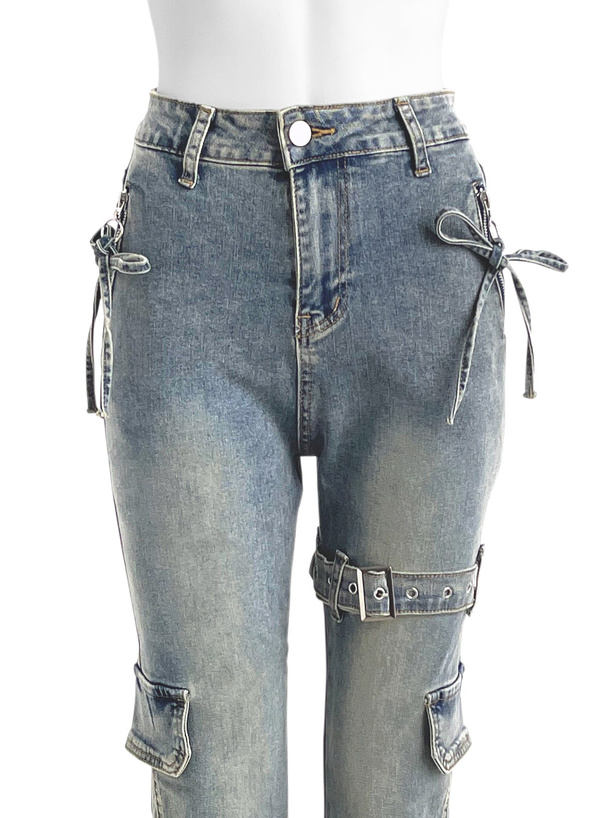 サイドベルトリボンフレアデニムパンツ