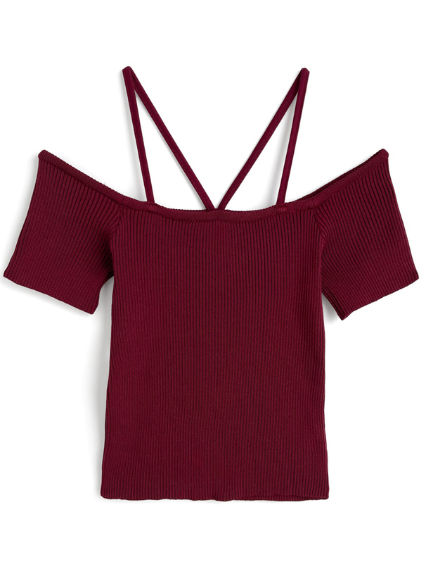 ストラップオフショルダーリブニットトップス