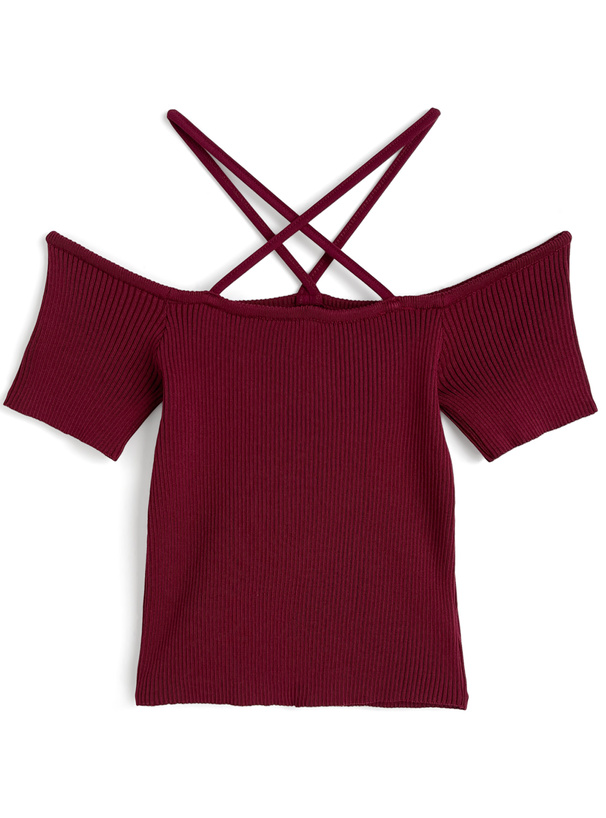 ストラップオフショルダーリブニットトップス