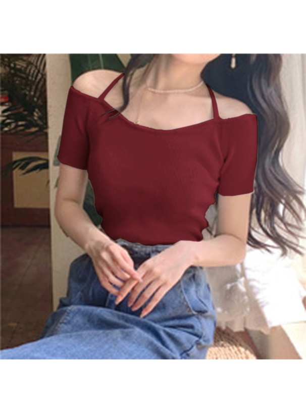 ストラップオフショルダーリブニットトップス