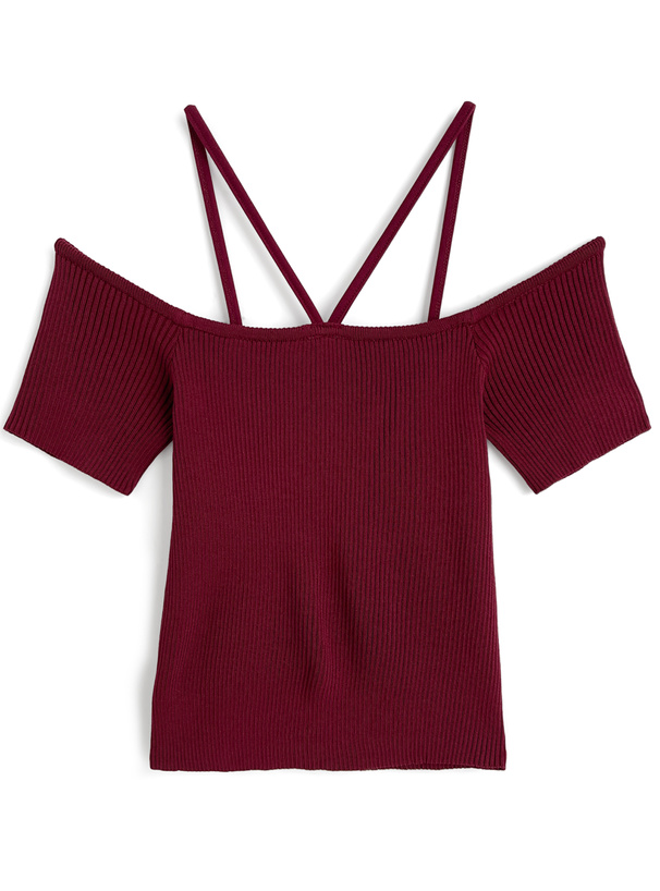 ストラップオフショルダーリブニットトップス