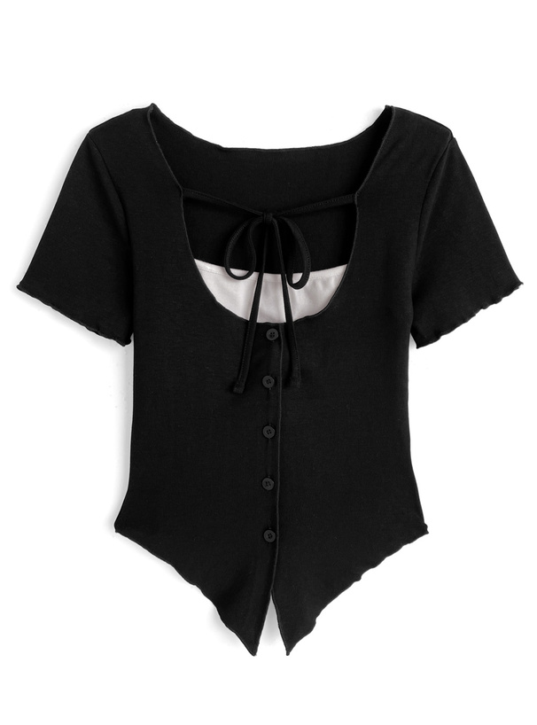 レイヤード風リボンVカットトップス