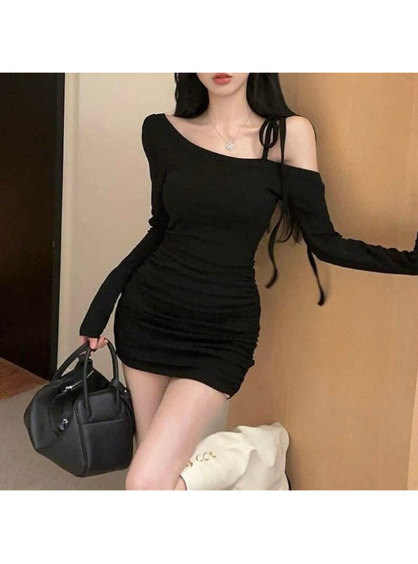 ワンショルダーリボンサイドギャザーミニワンピース