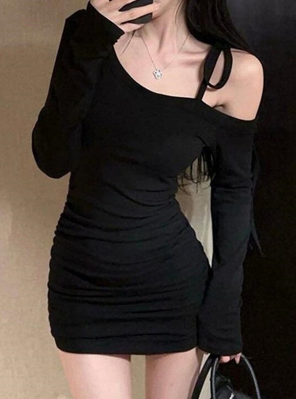 ワンショルダーリボンサイドギャザーミニワンピース