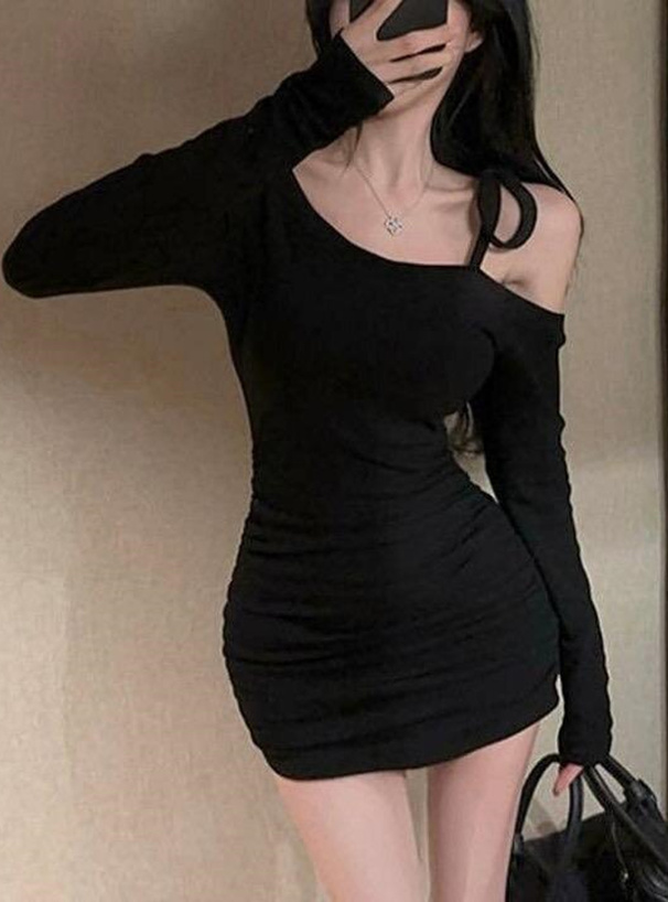 ワンショルダーリボンサイドギャザーミニワンピース