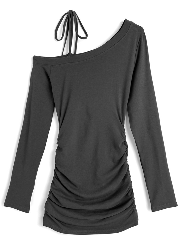 ワンショルダーリボンサイドギャザーミニワンピース