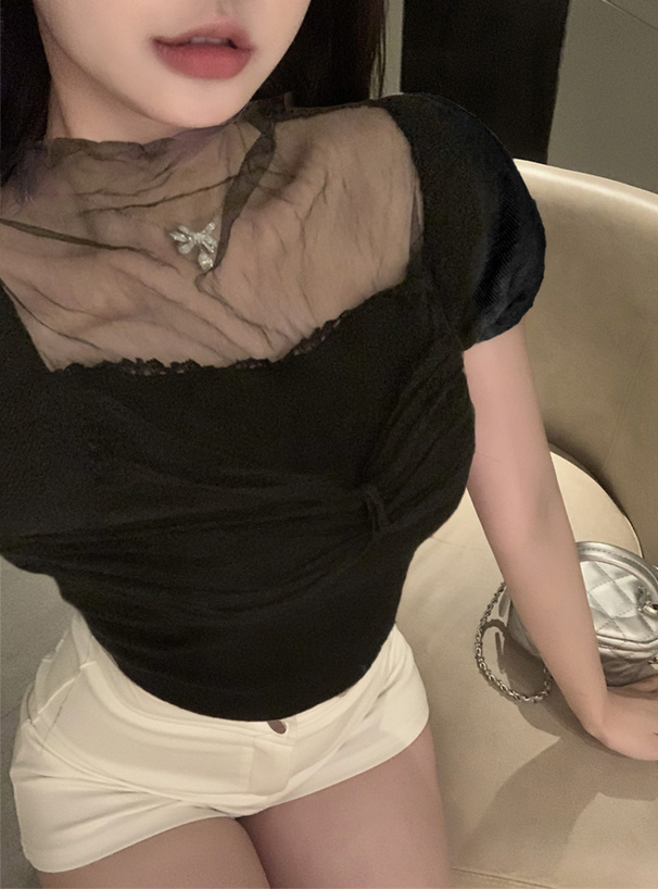 シアーハイネックリボンニットトップス